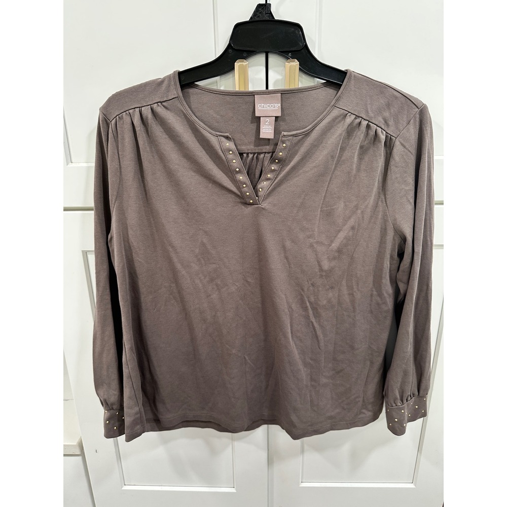 Chicos Womens Embellished V‎ Neck Long Sleeve Top Brown Size 2 L